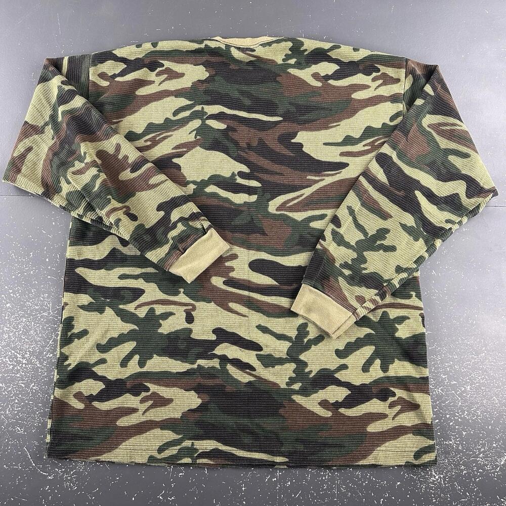 VTG Platinum BNK Thermal Shirt Men 2XL Green Woodland Camo Waffle Hunt Hike Y2K - Picture 6 of 9